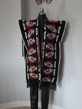 Vintage 70s Poncho Unisex Aztec Fringe Boho Southwestern Cuauhtémoc Festival OS